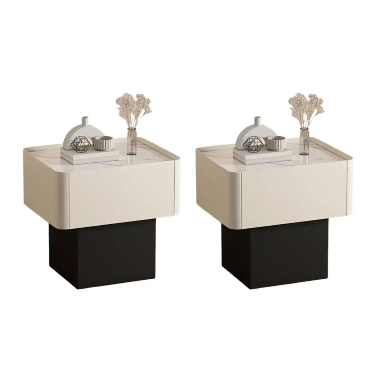 Table de chevet moderne à tiroirs en similicuir avec plateau en pierre