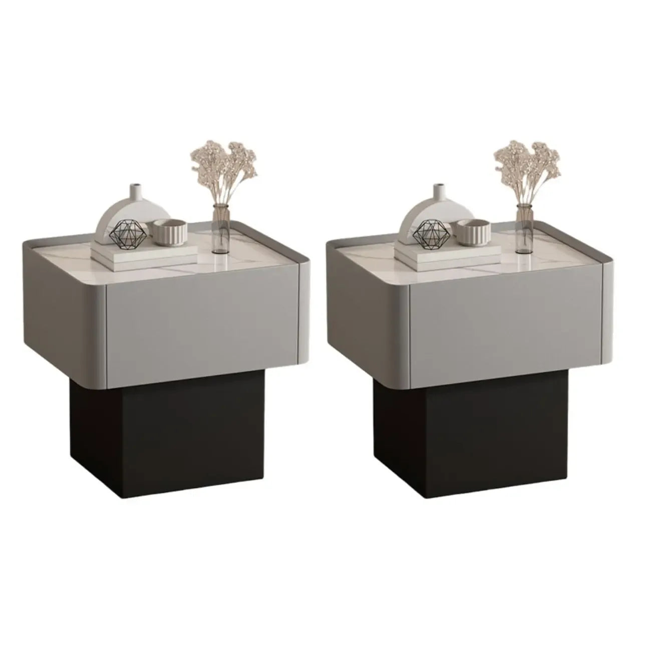 Table de chevet moderne à tiroirs en similicuir avec plateau en pierre