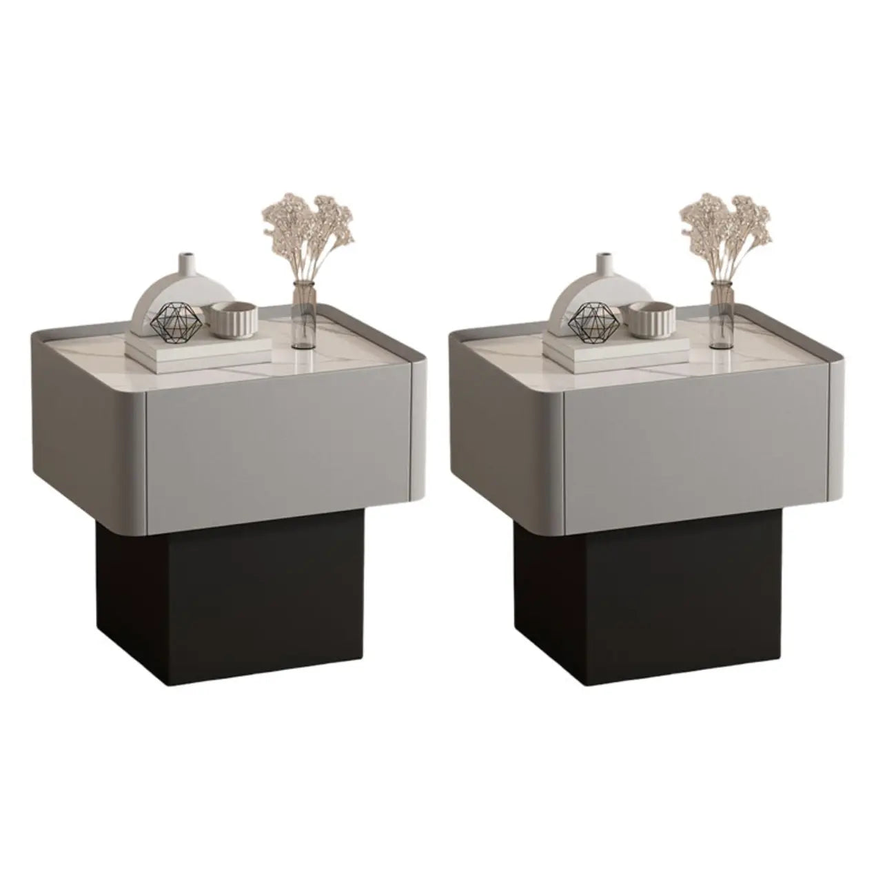 Table de chevet moderne à tiroirs en similicuir avec plateau en pierre