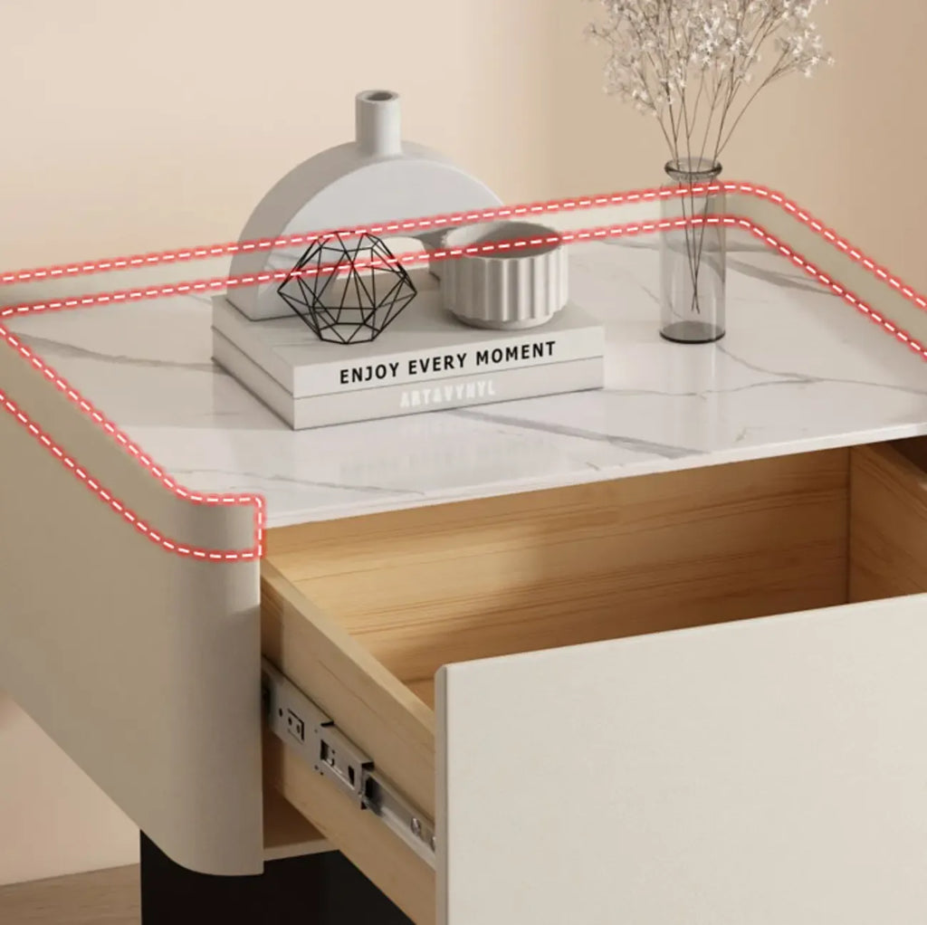 Table de chevet moderne à tiroirs en similicuir avec plateau en pierre