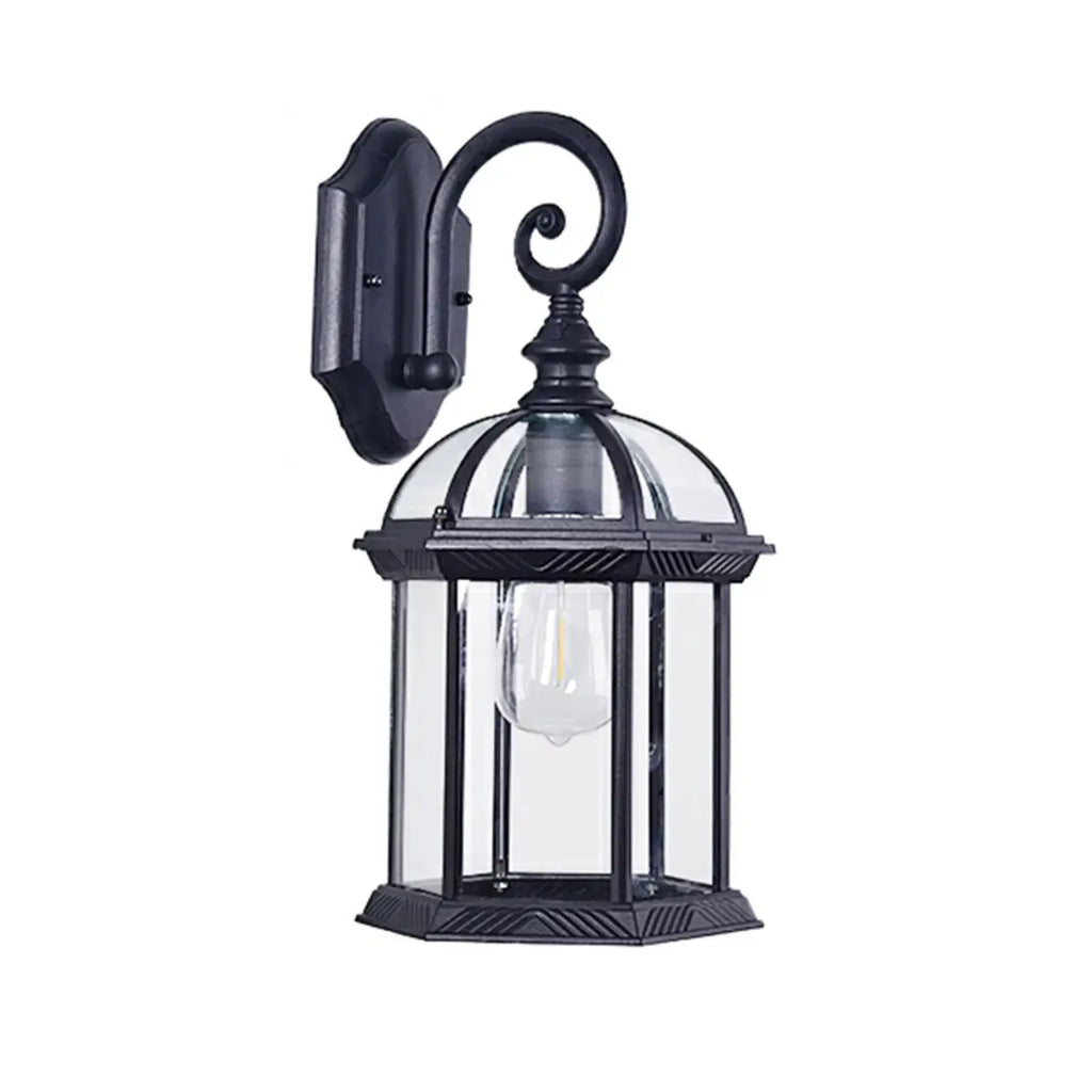 Applique murale d'extérieur moderne en métal noir, lanterne en verre transparent