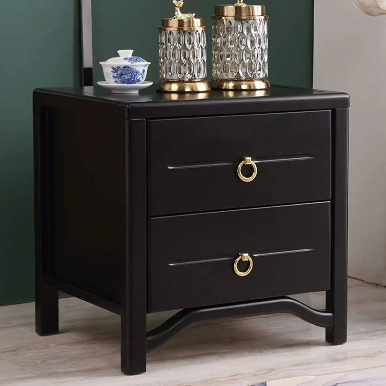 Table de chevet étroite à 2 tiroirs en bois noir pour chambre à coucher