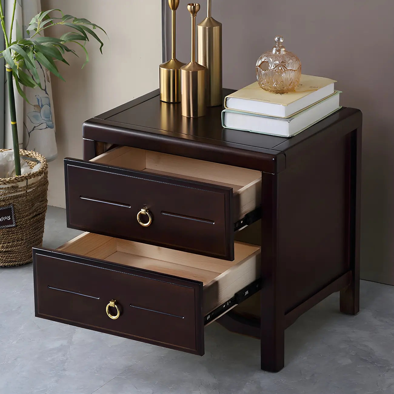 Table de chevet étroite à 2 tiroirs en bois noir pour chambre à coucher
