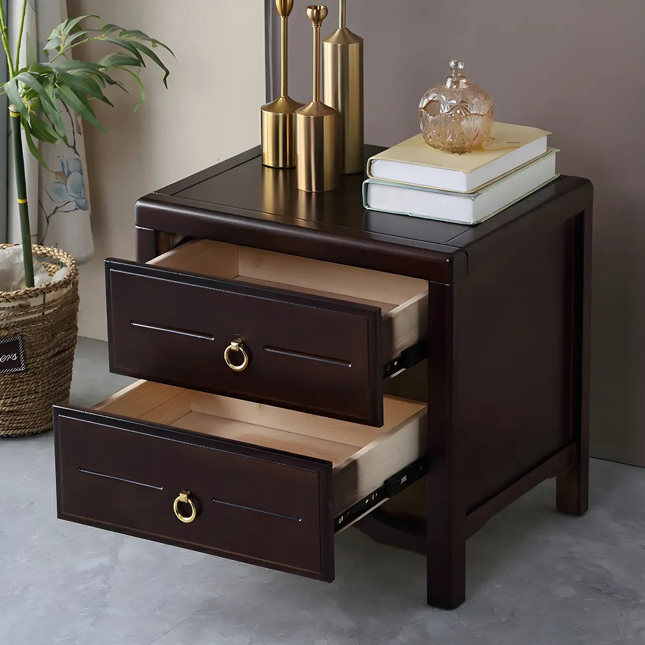 Table de chevet étroite à 2 tiroirs en bois noir pour chambre à coucher