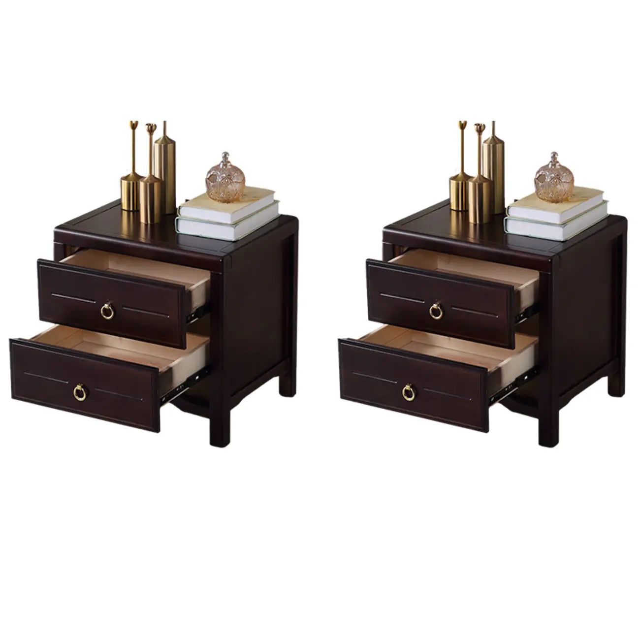 Table de chevet étroite à 2 tiroirs en bois noir pour chambre à coucher