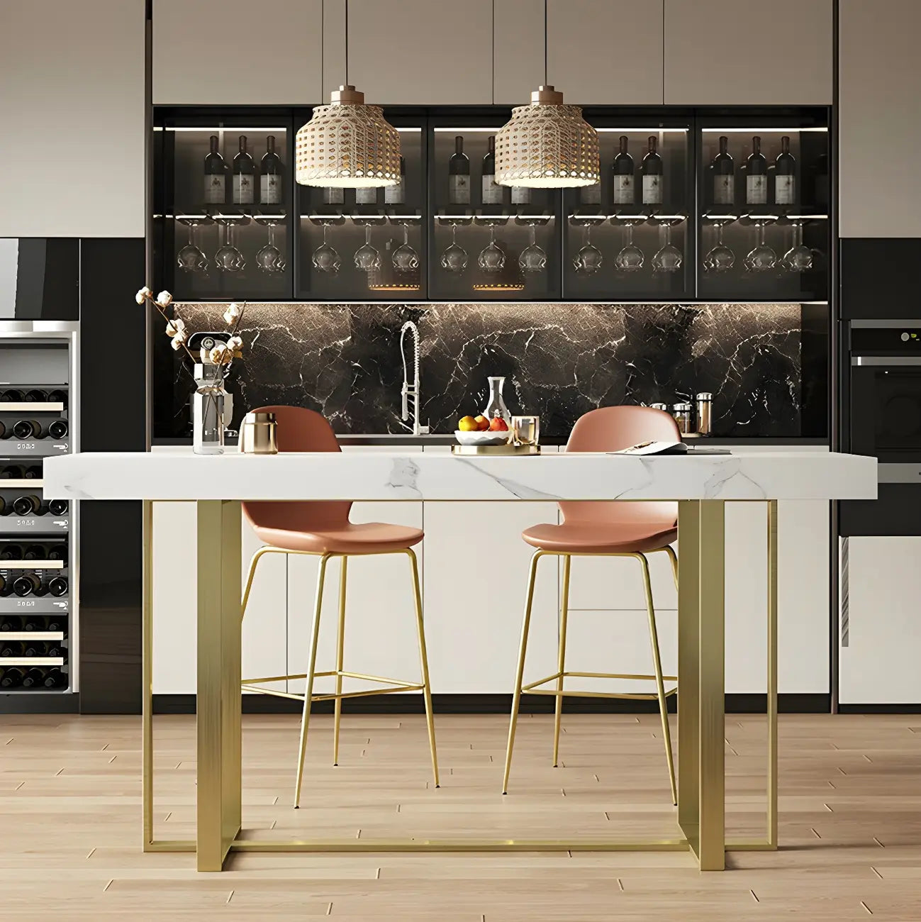 Table de bar glamour avec plateau en pierre blanche et structure en métal doré