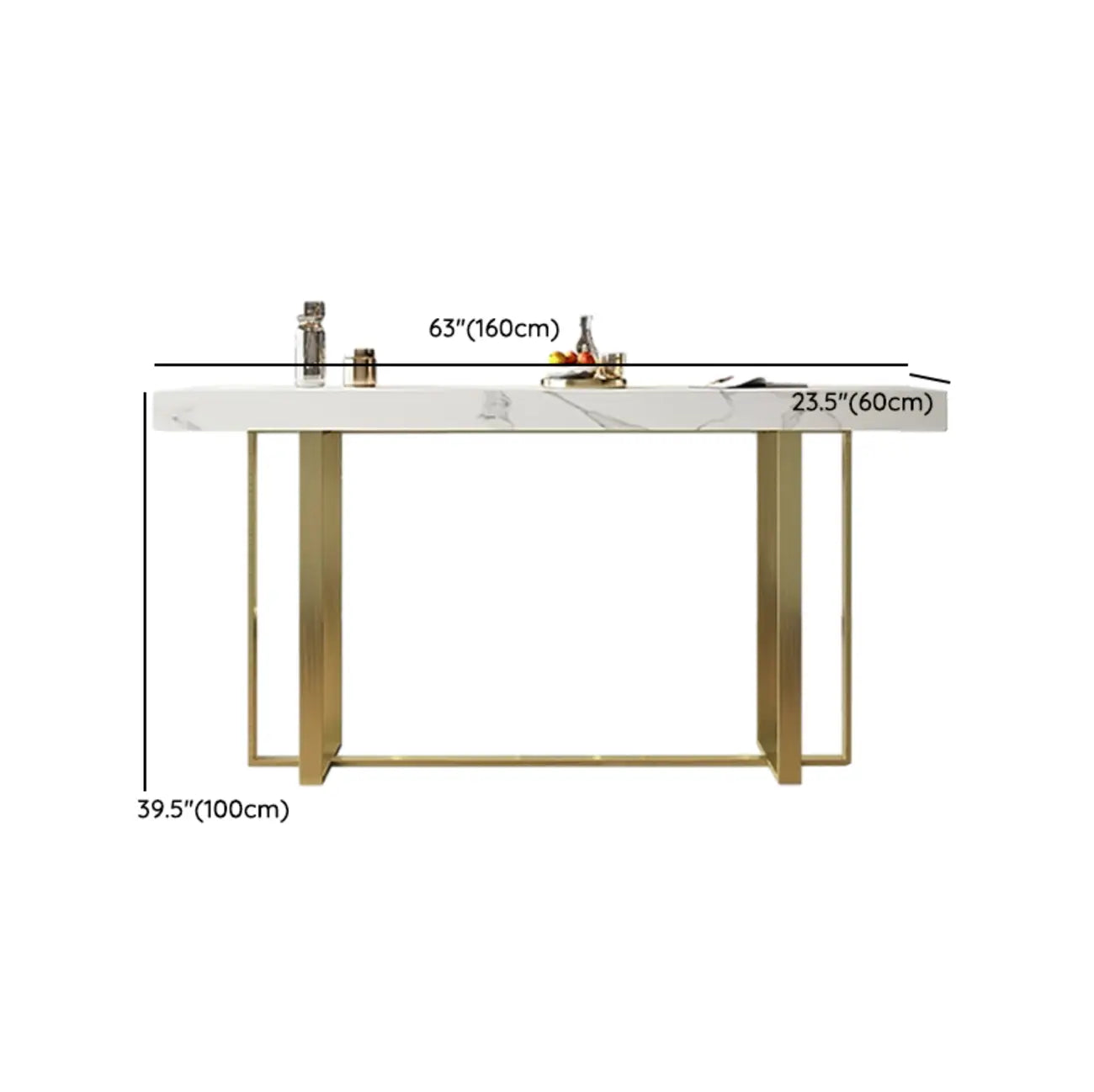 Table de bar glamour avec plateau en pierre blanche et structure en métal doré