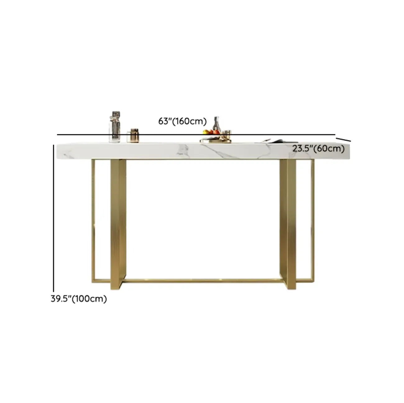 Table de bar glamour avec plateau en pierre blanche et structure en métal doré