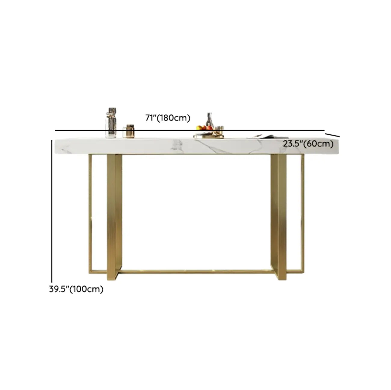 Table de bar glamour avec plateau en pierre blanche et structure en métal doré