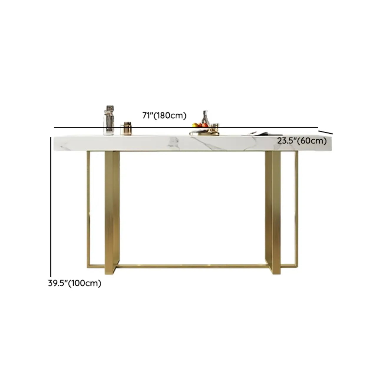 Table de bar glamour avec plateau en pierre blanche et structure en métal doré