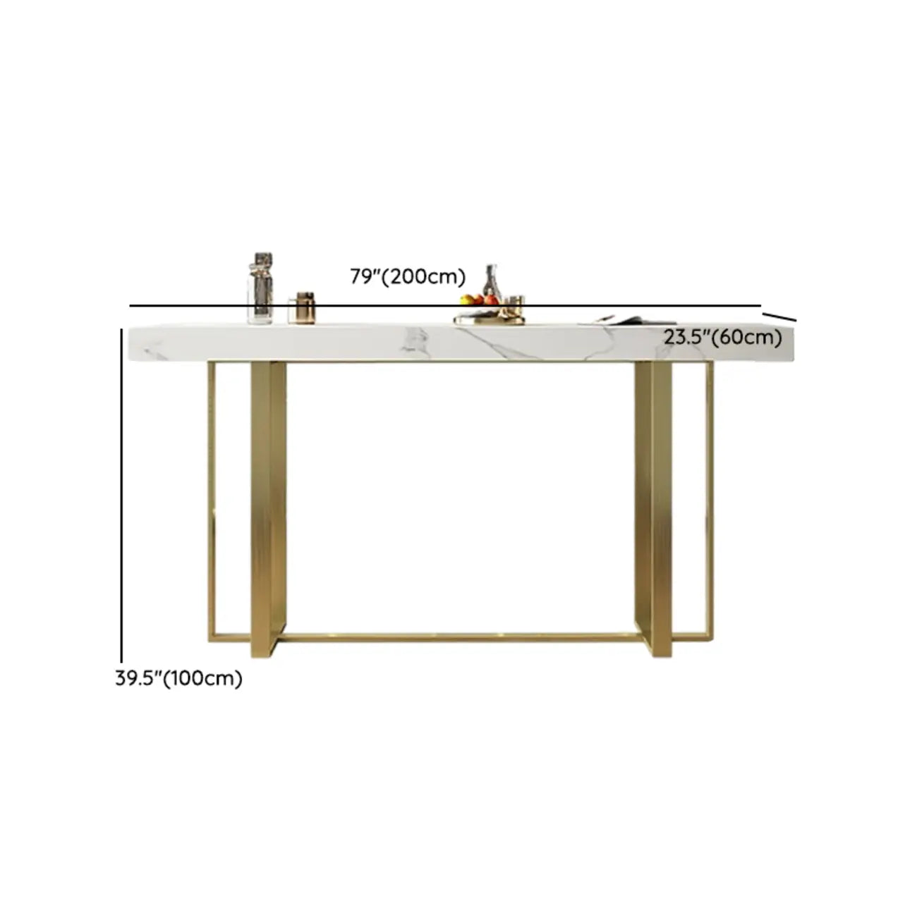 Table de bar glamour avec plateau en pierre blanche et structure en métal doré