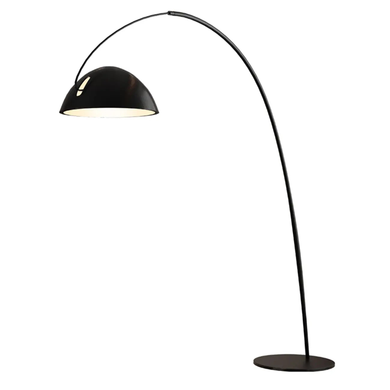 Lampadaire arqué en métal noir avec abat-jour et interrupteur au pied