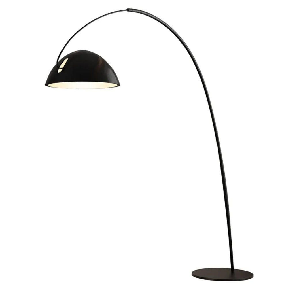 Lampadaire arqué en métal noir avec abat-jour et interrupteur au pied