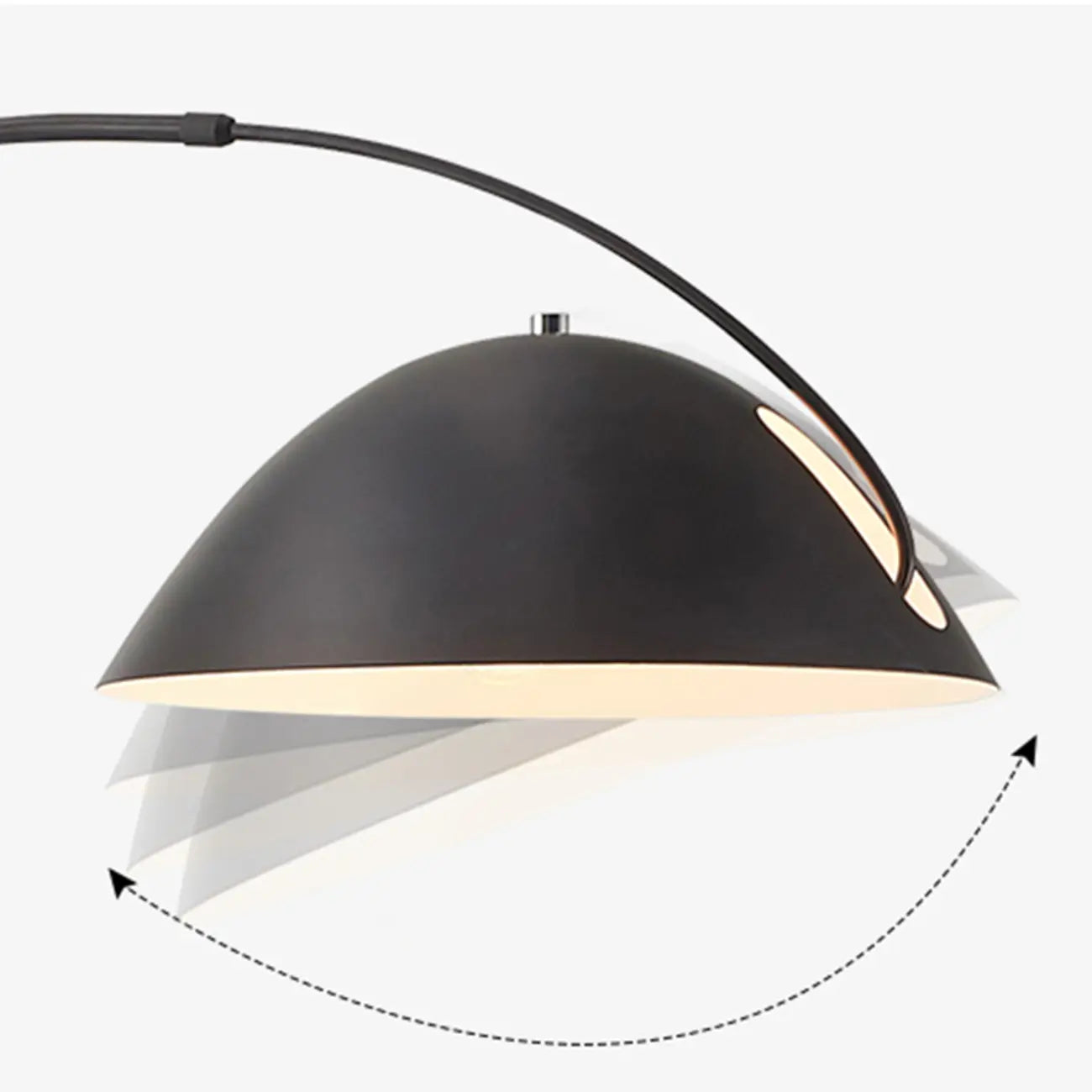 Lampadaire arqué en métal noir avec abat-jour et interrupteur au pied