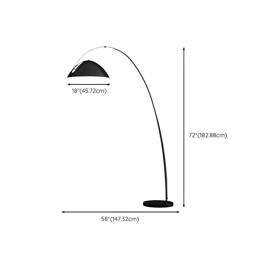 Lampadaire arqué en métal noir avec abat-jour et interrupteur au pied