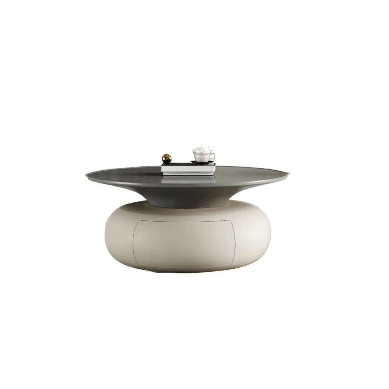 Table basse ronde moderne en bois beige-gris avec rangement