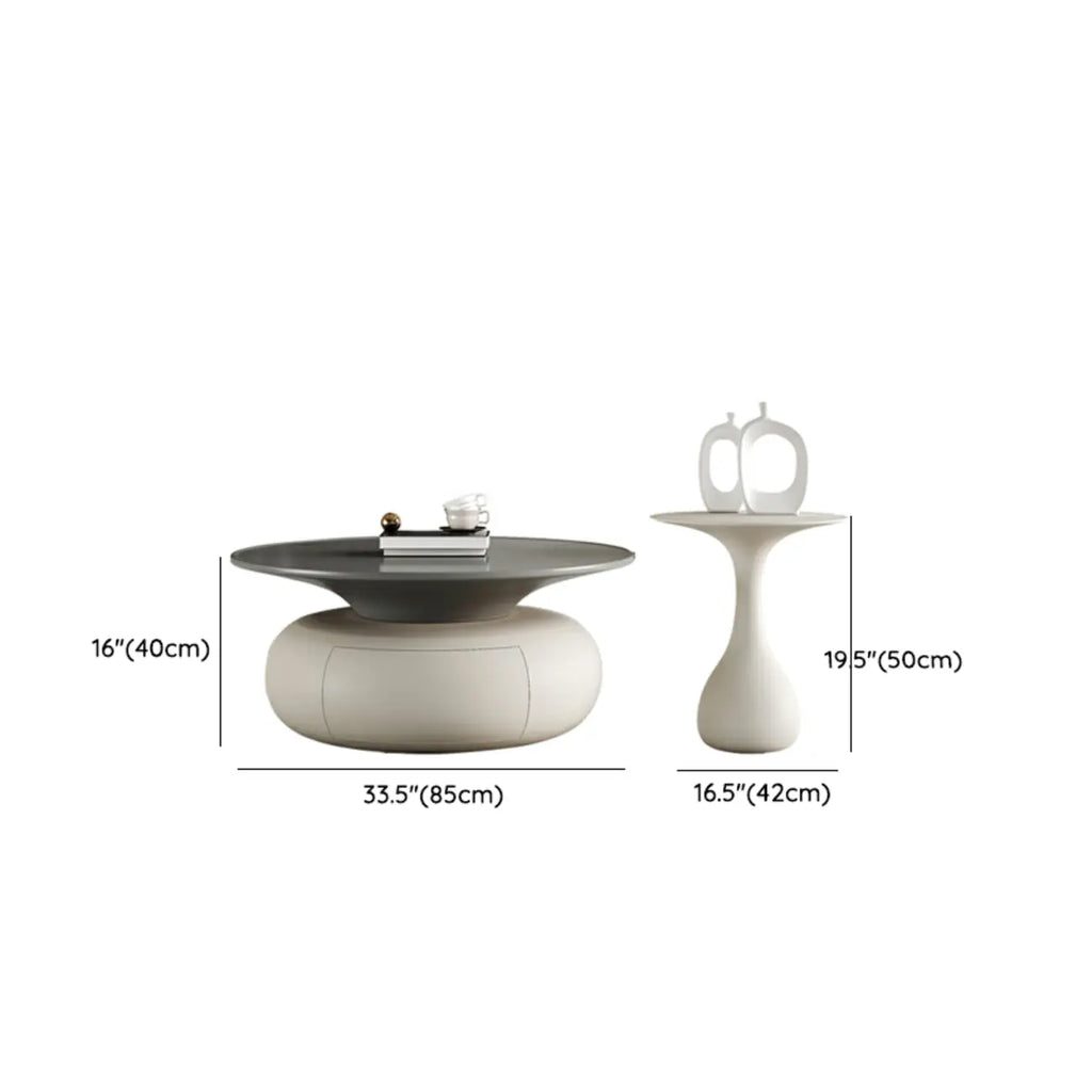 Table basse ronde moderne en bois beige-gris avec rangement