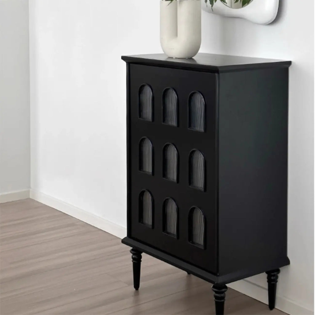 Élégant meuble de rangement d'appoint en bois noir à 9 panneaux de verre
