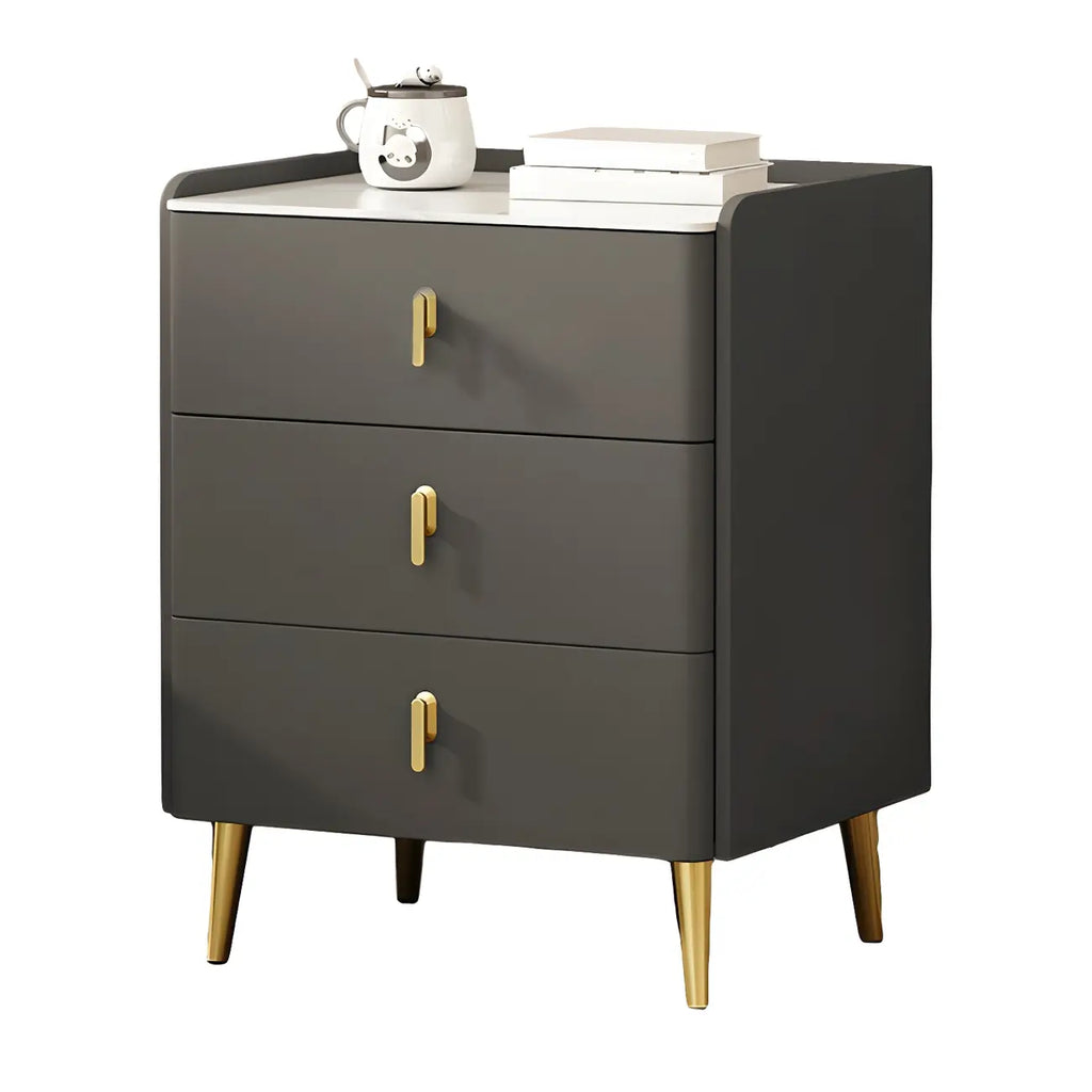 Table de chevet moderne à 3 tiroirs en similicuir avec plateau en pierre