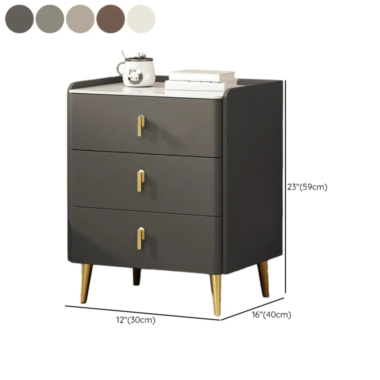 Table de chevet moderne à 3 tiroirs en similicuir avec plateau en pierre