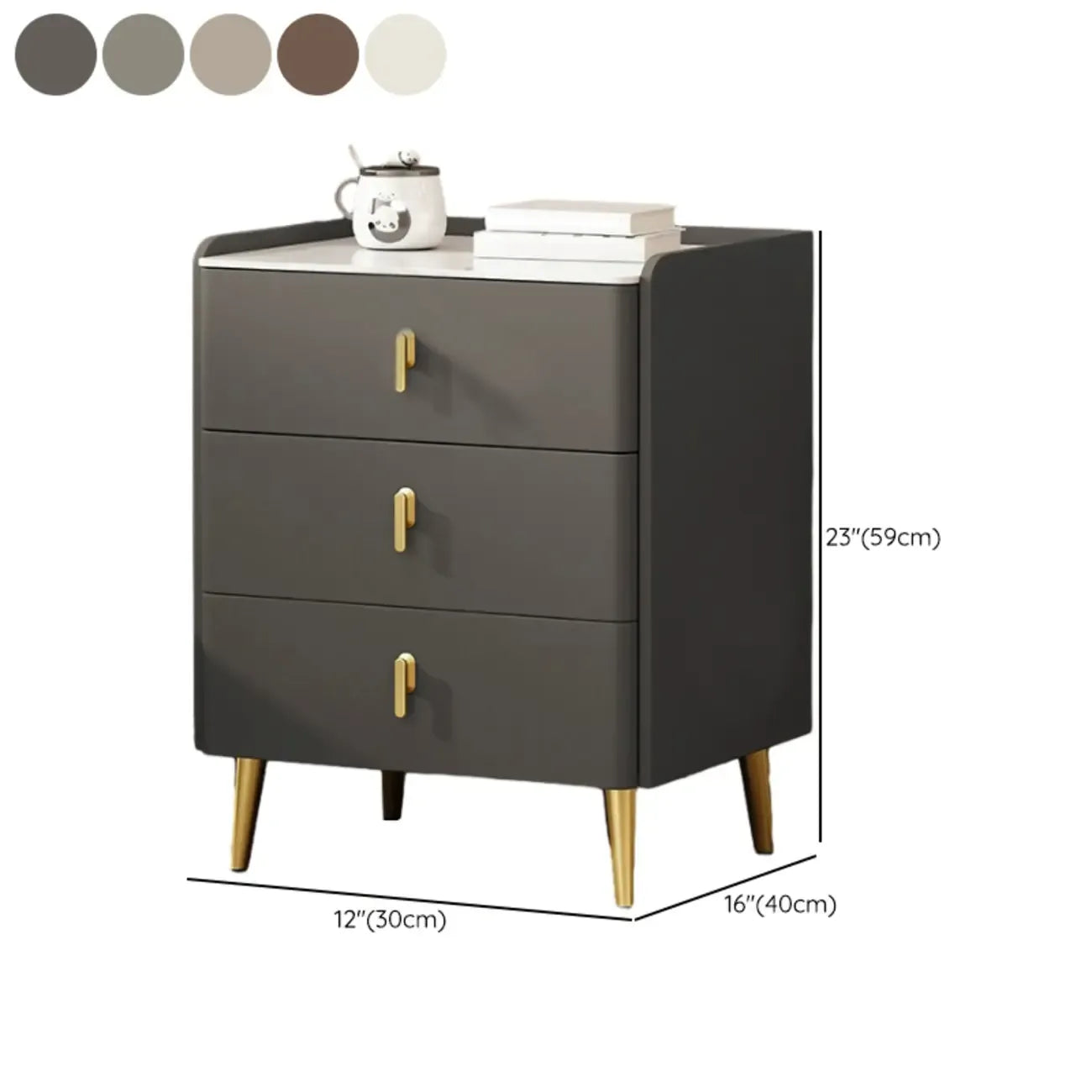 Table de chevet moderne à 3 tiroirs en similicuir avec plateau en pierre