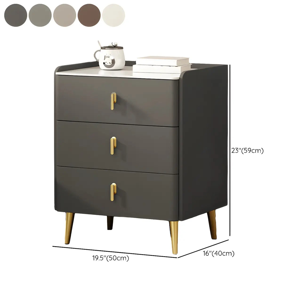 Table de chevet moderne à 3 tiroirs en similicuir avec plateau en pierre