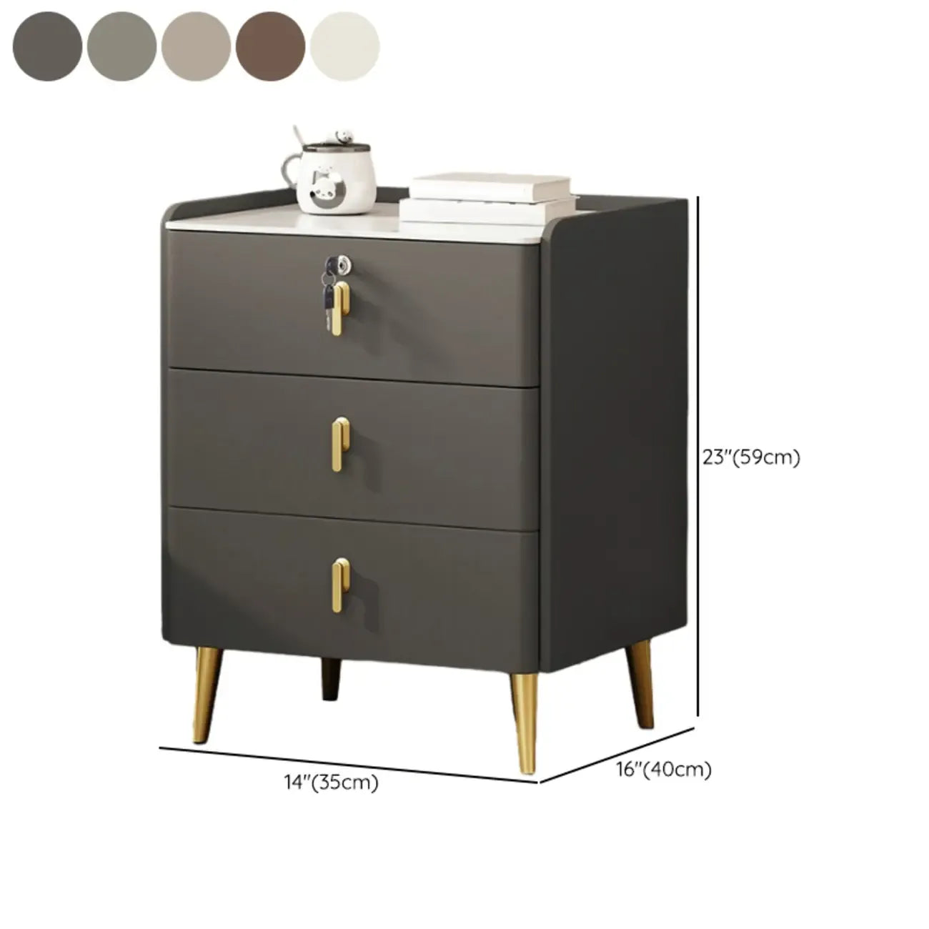 Table de chevet moderne à 3 tiroirs en similicuir avec plateau en pierre