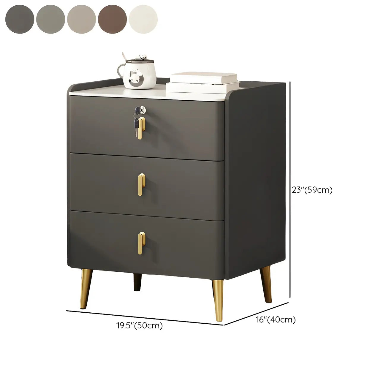 Table de chevet moderne à 3 tiroirs en similicuir avec plateau en pierre