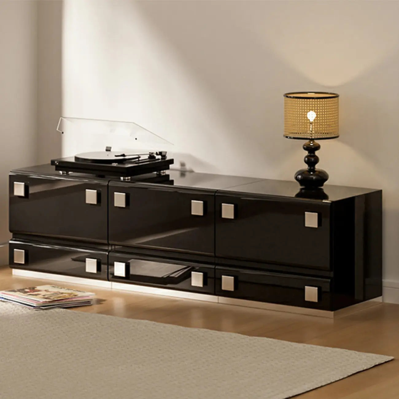Table de chevet moderne en bois brillant et métal à 2 tiroirs