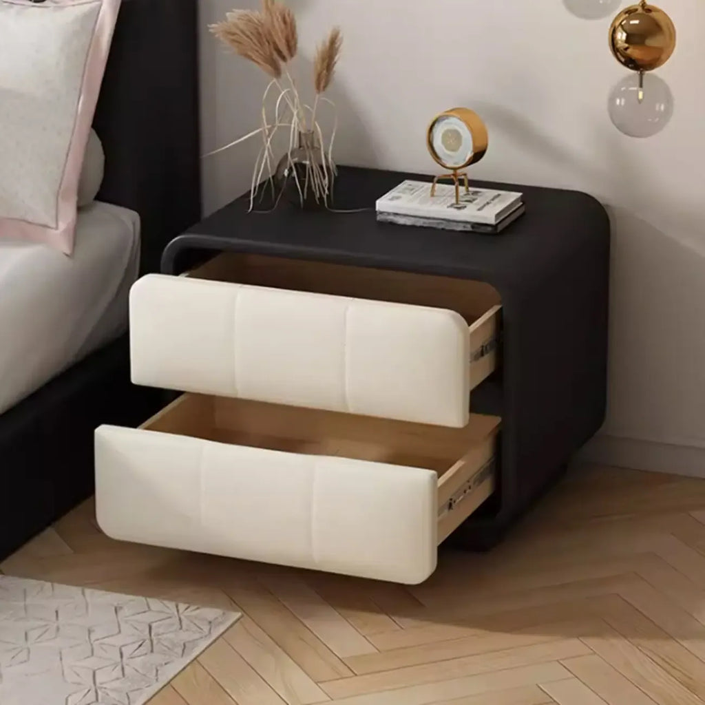 Table de chevet moderne en cuir et bois, lignes douces, à 2 tiroirs