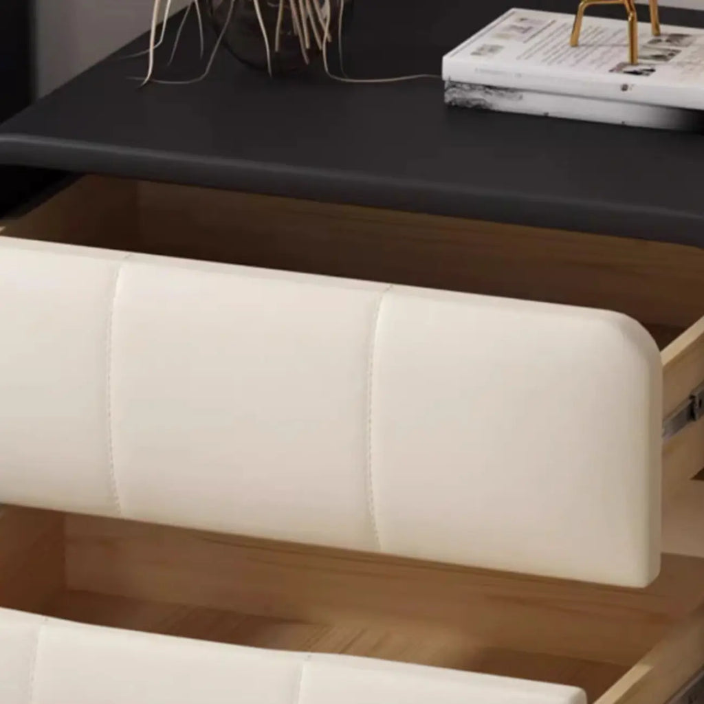 Table de chevet moderne en cuir et bois, lignes douces, à 2 tiroirs