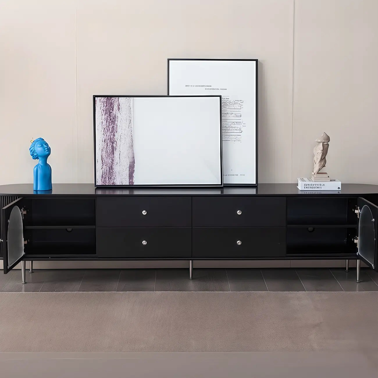 Meuble TV long à 2 niveaux en bois noir avec portes vitrées