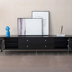 Meuble TV long à 2 niveaux en bois noir avec portes vitrées