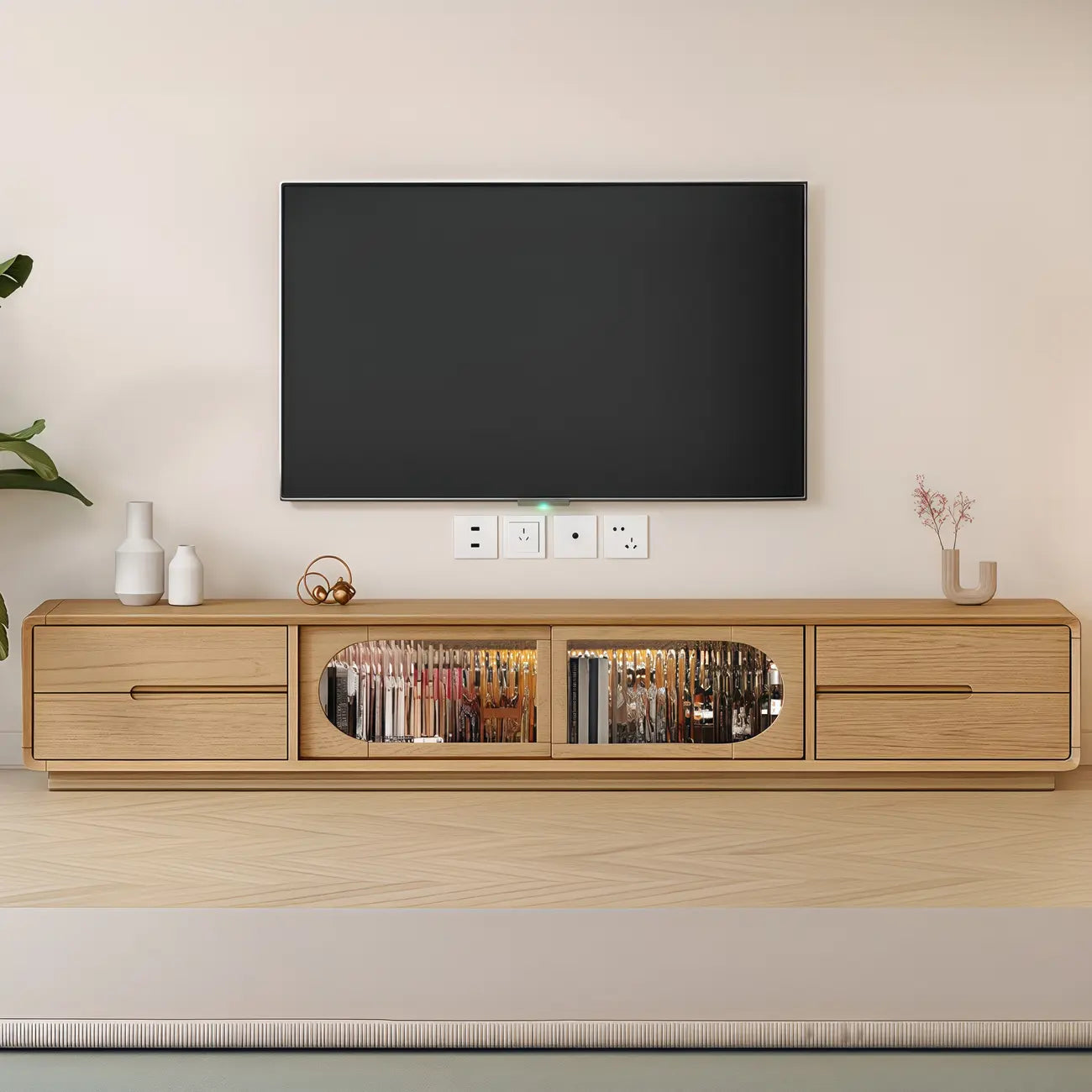 Meuble TV long en bois naturel à 4 tiroirs avec portes vitrées