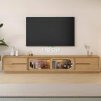 Meuble TV long en bois naturel à 4 tiroirs avec portes vitrées