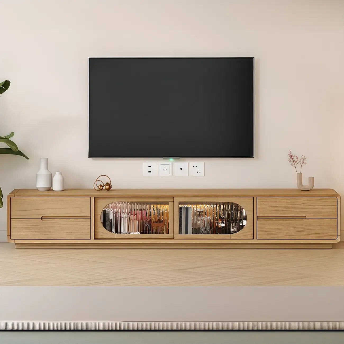 Meuble TV long en bois naturel à 4 tiroirs avec portes vitrées