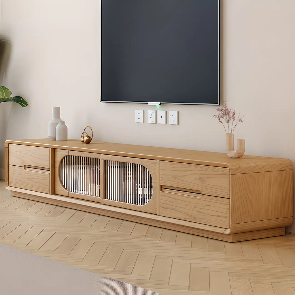 Meuble TV long en bois naturel à 4 tiroirs avec portes vitrées