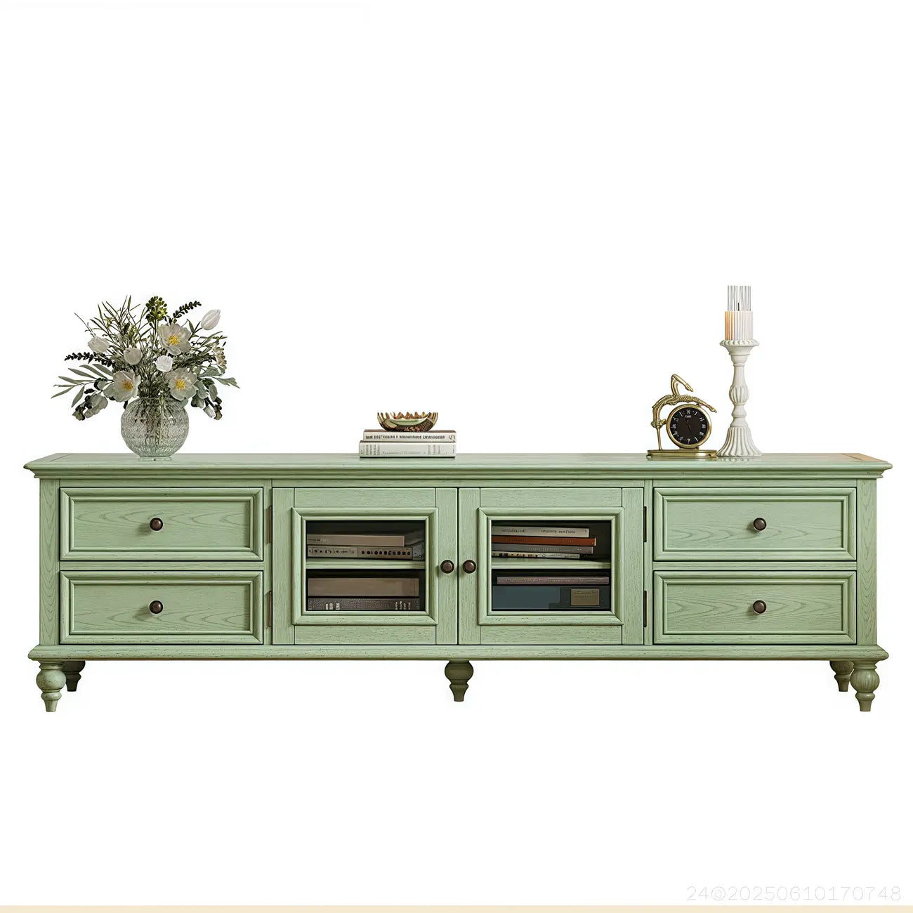 Meuble TV en bois vert style Mid-Century à 4 tiroirs et portes vitrées