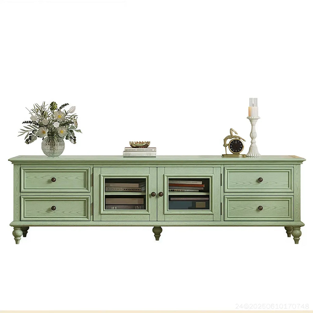 Meuble TV en bois vert style Mid-Century à 4 tiroirs et portes vitrées