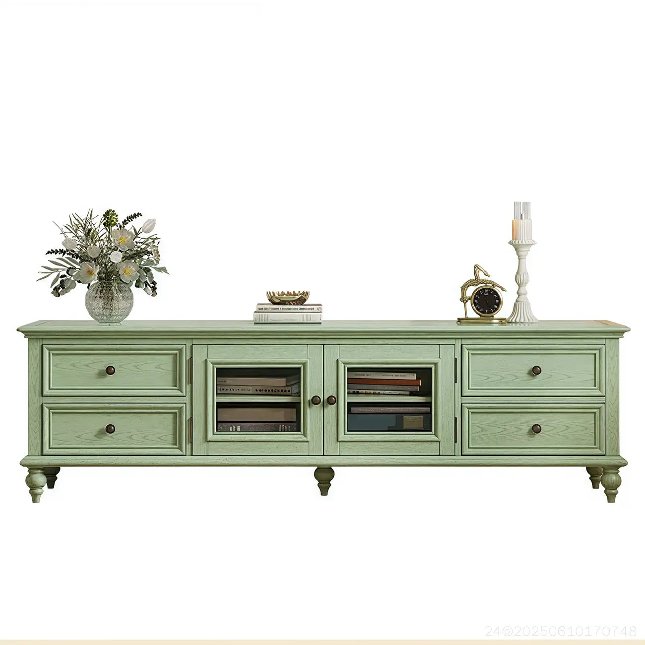 Meuble TV en bois vert style Mid-Century à 4 tiroirs et portes vitrées