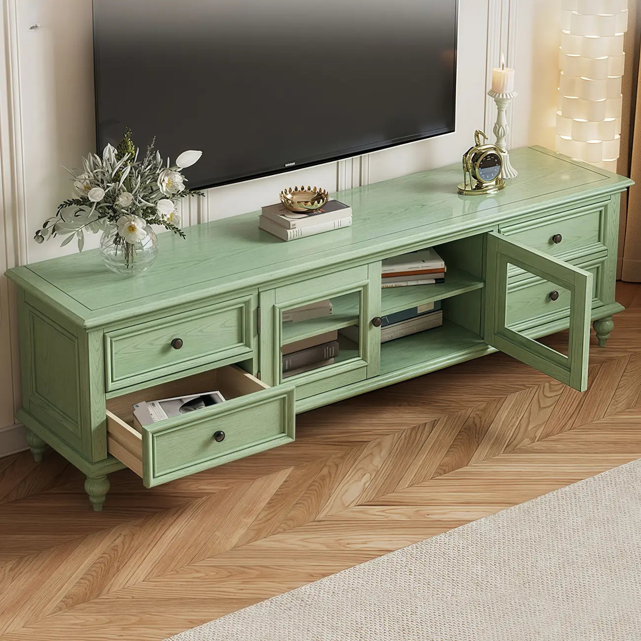 Meuble TV en bois vert style Mid-Century à 4 tiroirs et portes vitrées