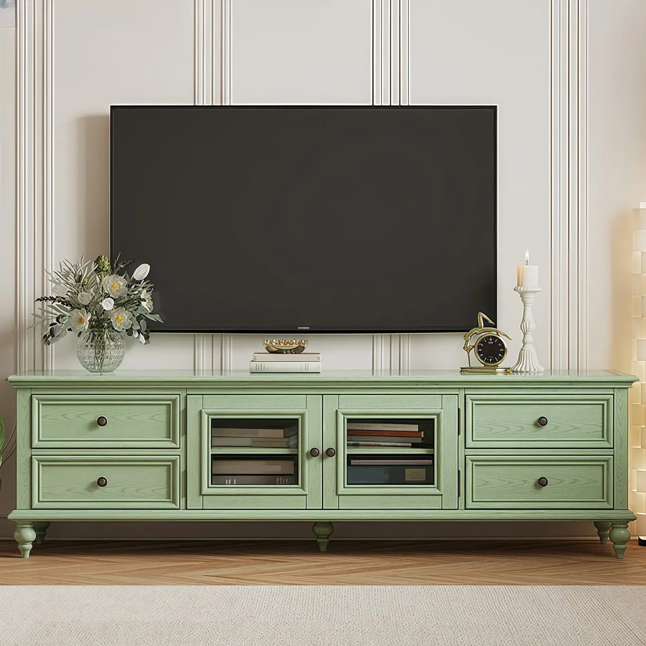 Meuble TV en bois vert style Mid-Century à 4 tiroirs et portes vitrées