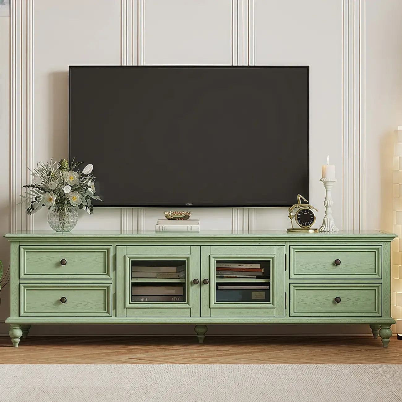 Meuble TV en bois vert style Mid-Century à 4 tiroirs et portes vitrées