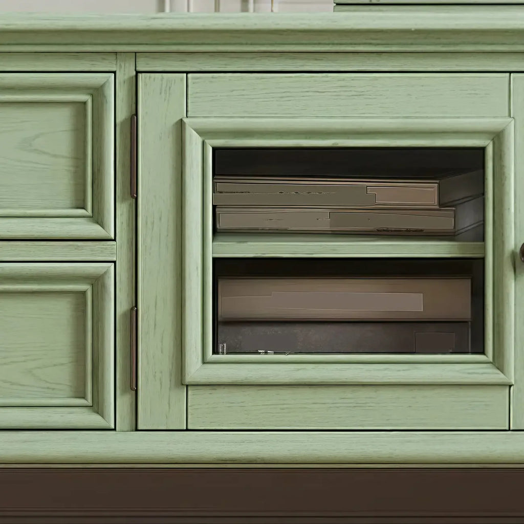 Meuble TV en bois vert style Mid-Century à 4 tiroirs et portes vitrées