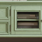 Meuble TV en bois vert style Mid-Century à 4 tiroirs et portes vitrées
