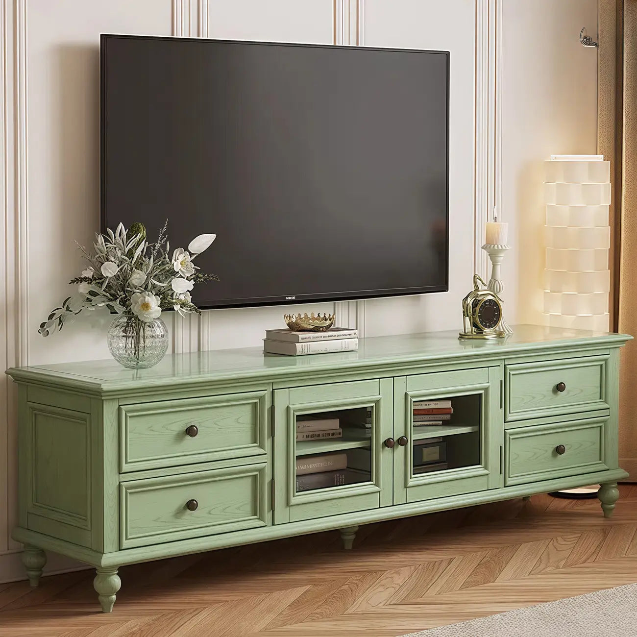 Meuble TV en bois vert style Mid-Century à 4 tiroirs et portes vitrées