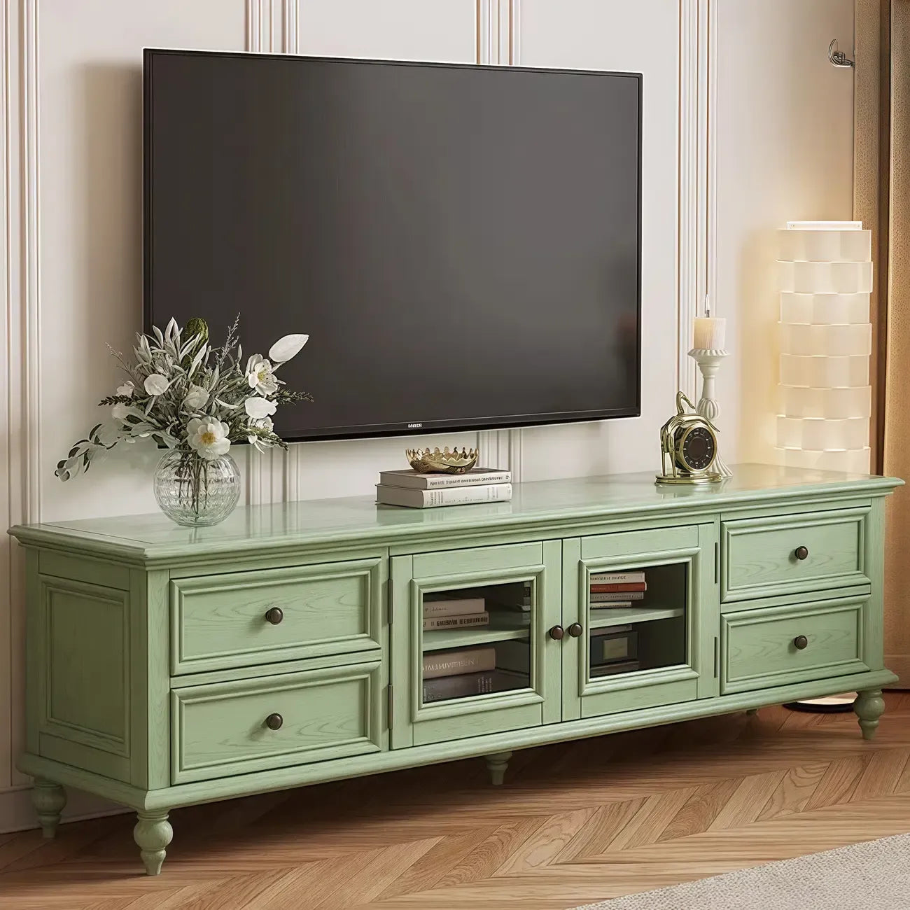 Meuble TV en bois vert style Mid-Century à 4 tiroirs et portes vitrées