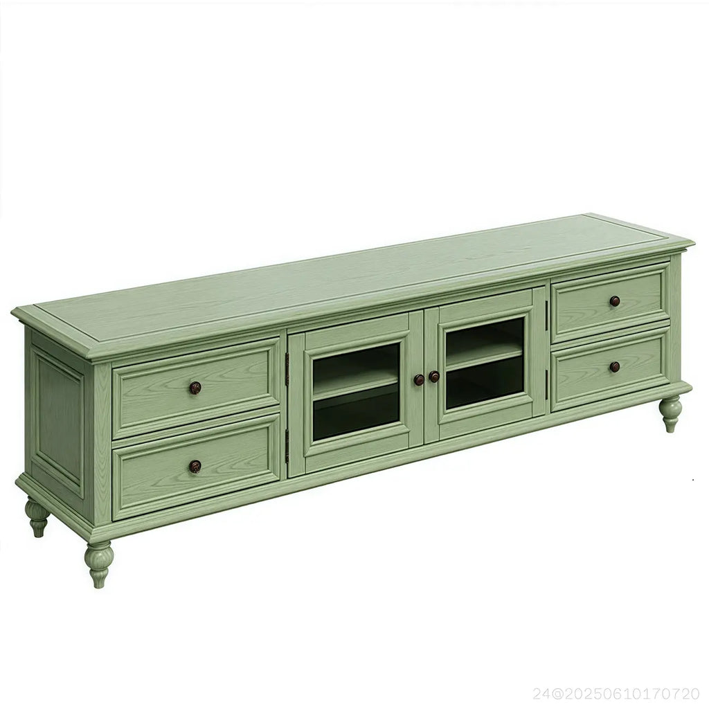 Meuble TV en bois vert style Mid-Century à 4 tiroirs et portes vitrées