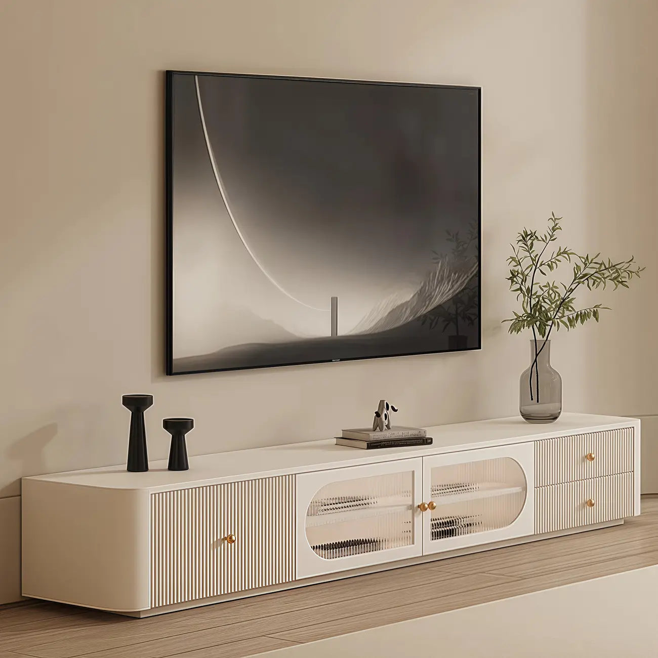 Meuble TV long et moderne en bois blanc avec tiroirs