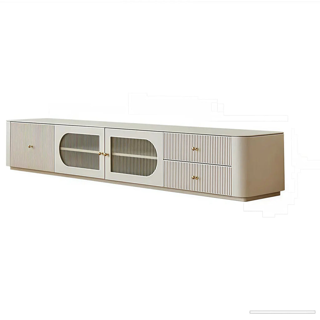 Meuble TV long et moderne en bois blanc avec tiroirs